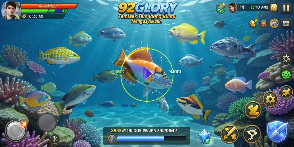 Tampak gameplay seru 92GLORY dengan ikan beragam yang menunggu untuk ditangkap.