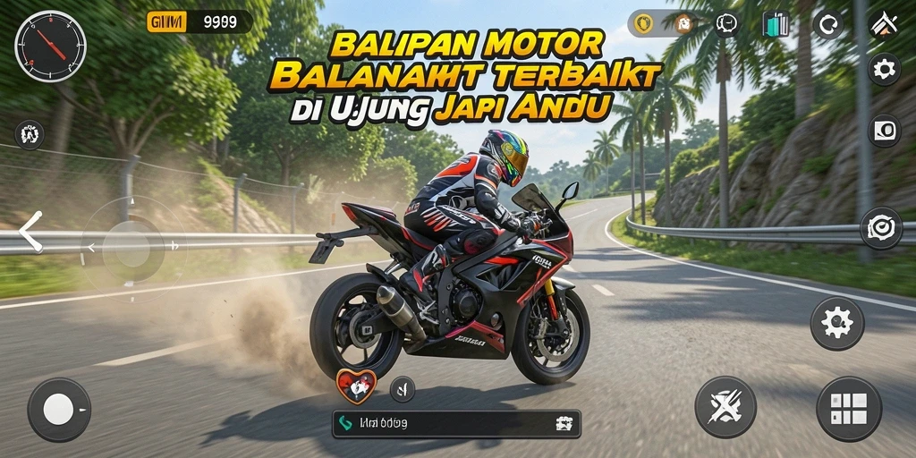 Screenshot utama GIM999 menampilkan aksi balapan motor yang seru.