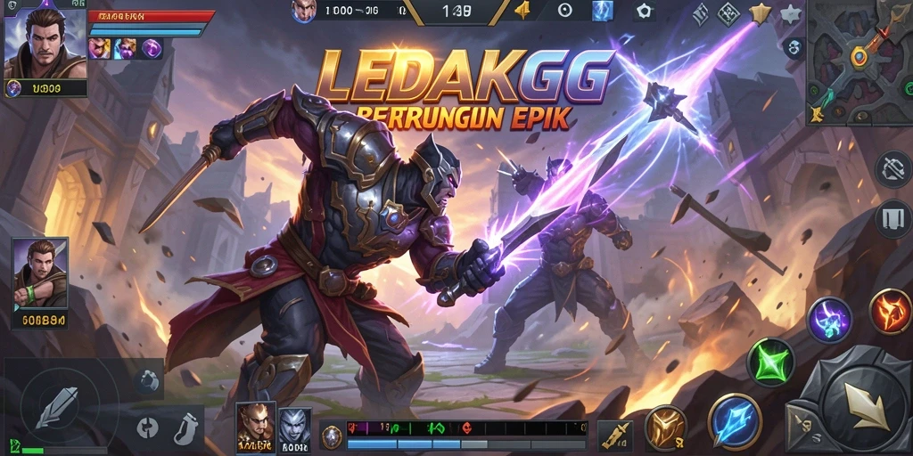 Tampilan seru dari permainan MOBA LEDAKGG dengan tim yang bertempur.