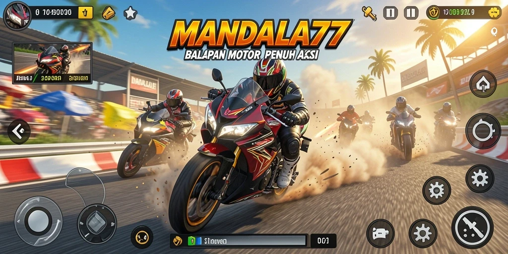 Screenshot gameplay MANDALA77 yang menunjukkan balapan motor yang mendebarkan.
